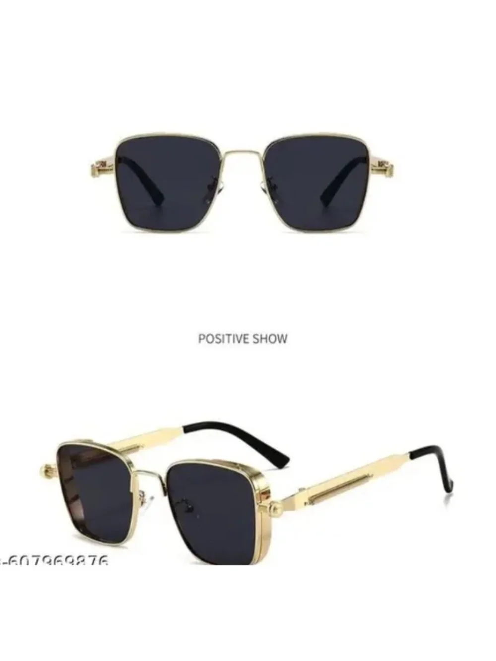 Retro Unisex Square Gold Metal Frame Sunglasses With Black Lenses Spring Hinges